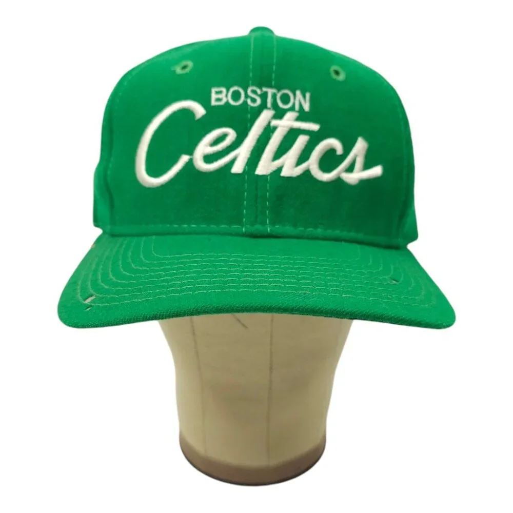 Boston Celtics Script Cap Vtg 90s READ Moth Holes Snapback Sports Specialties